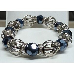 New Beaded Stretch Bracelet Silver Tone Blue Faceted Clear Rhinestone Cage Beads